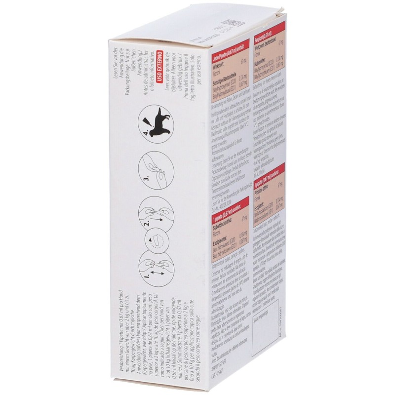 Confezione commerciale diAmflee Spot On 3 Pipette 67mg Farmaco Veterinario