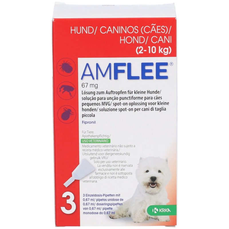 Foto illustrativa del packaging di Amflee Spot On 3 Pipette 67mg Farmaco Veterinario