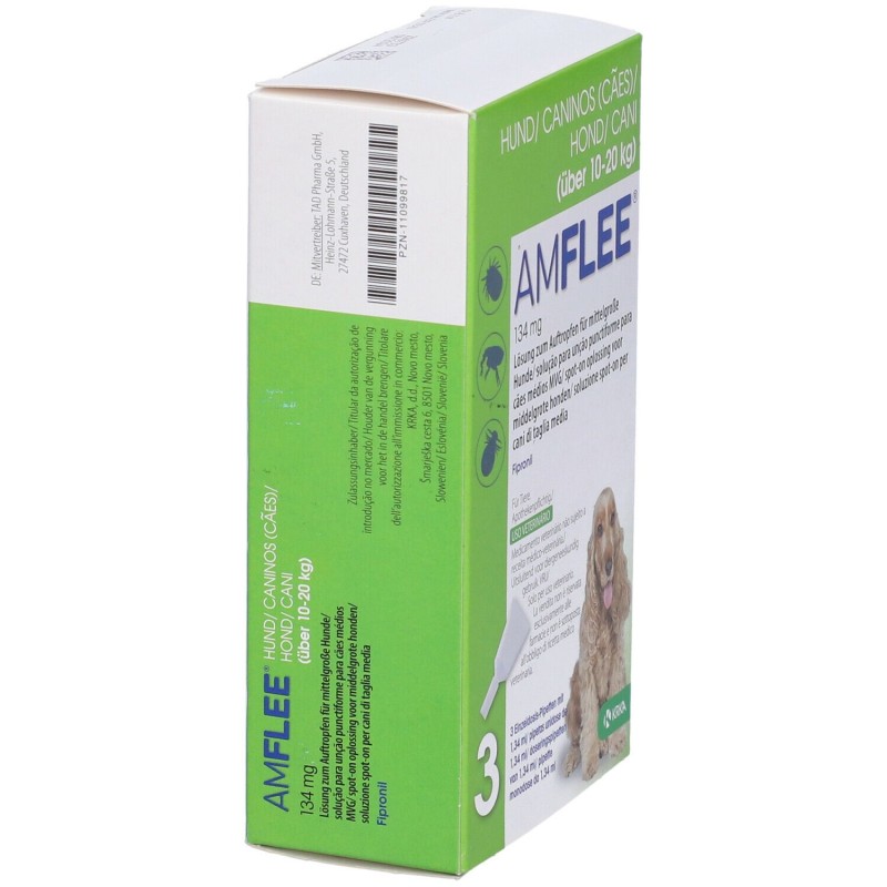 Dettaglio del packaging di Amflee Spot On 3 Pipette per Cani 10-20KG Farmaco Veterinario