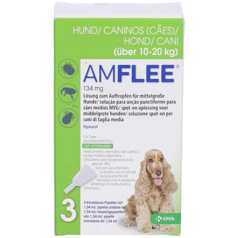 Presentazione grafica di Amflee Spot On 3 Pipette per Cani 10-20KG Farmaco Veterinario
