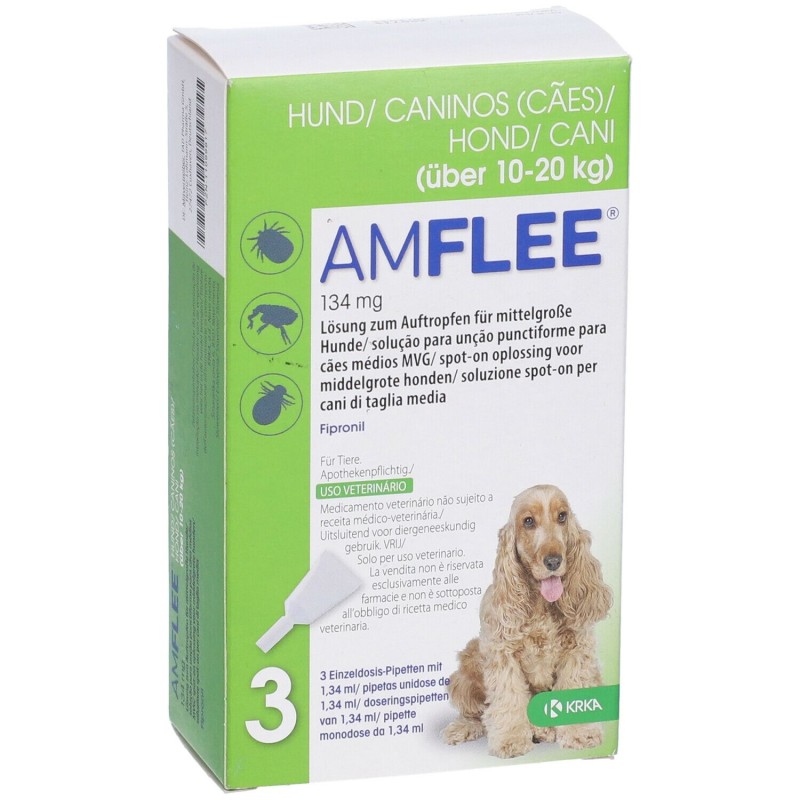 Confezione sigillata di Amflee Spot On 3 Pipette per Cani 10-20KG Farmaco Veterinario