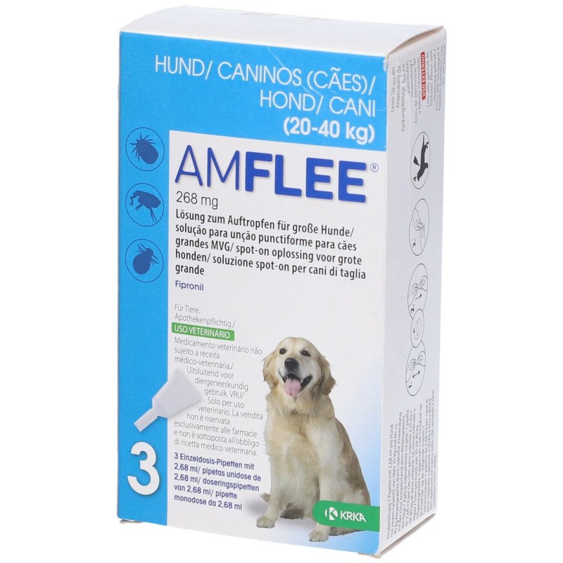 Pack ufficiale del prodotto Amflee Spot On 3 Pipette 268mg Farmaco Veterinario