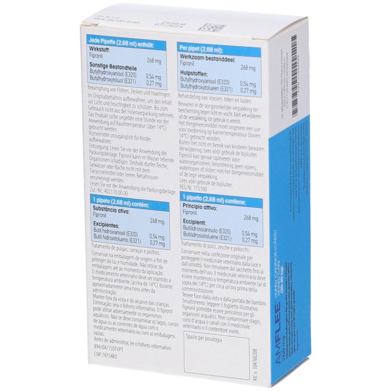 Aspetto del prodotto Amflee Spot On 3 Pipette 268mg Farmaco Veterinario