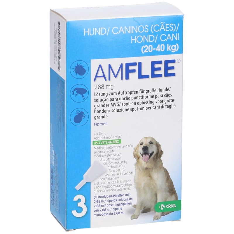 Packaging del prodotto Amflee Spot On 3 Pipette 268mg Farmaco Veterinario