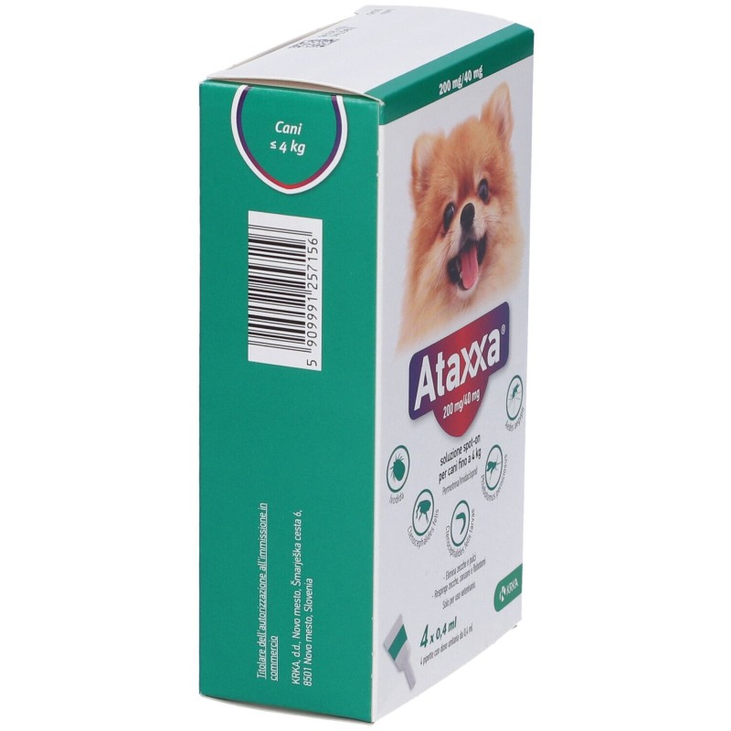 Dettaglio del packaging di Ataxxa Antiparassitario per Cani fino a 4kg 4 Pipette Spot-On (Equivalente Advantix) Dettaglio del packaging di Ataxxa Antiparassitario per Cani fino a 4kg 4 Pipette Spot-On (Equivalente Advantix)