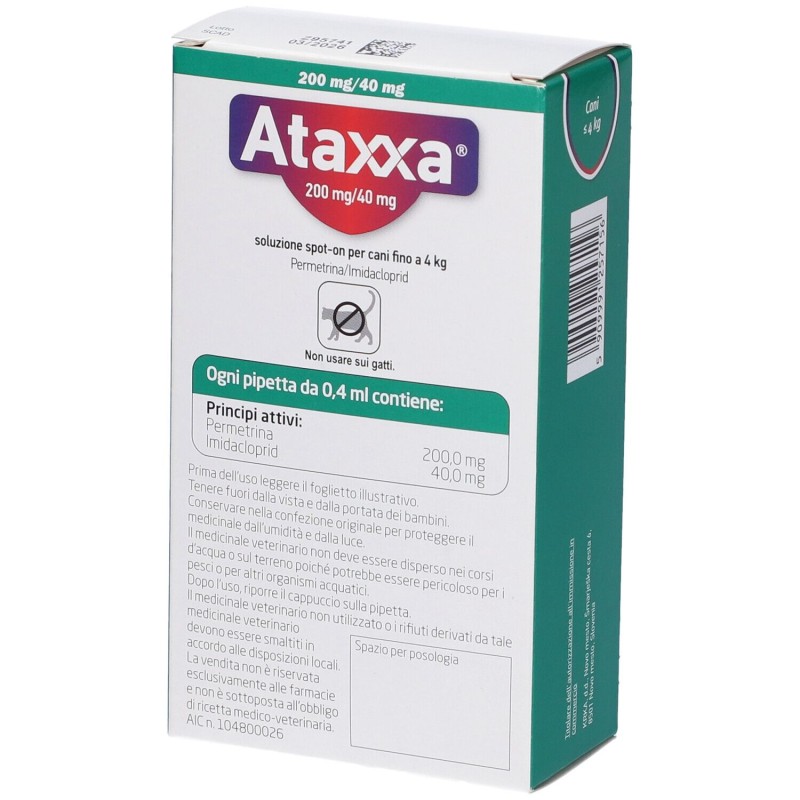Primo piano di Ataxxa Antiparassitario per Cani fino a 4kg 4 Pipette Spot-On (Equivalente Advantix) Primo piano di Ataxxa Antiparassitario per Cani fino a 4kg 4 Pipette Spot-On (Equivalente Advantix)
