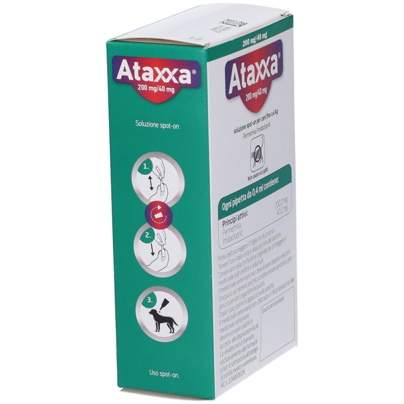 Vista del prodotto Ataxxa Antiparassitario per Cani fino a 4kg 4 Pipette Spot-On (Equivalente Advantix) Vista del prodotto Ataxxa Antiparassitario per Cani fino a 4kg 4 Pipette Spot-On (Equivalente Advantix)