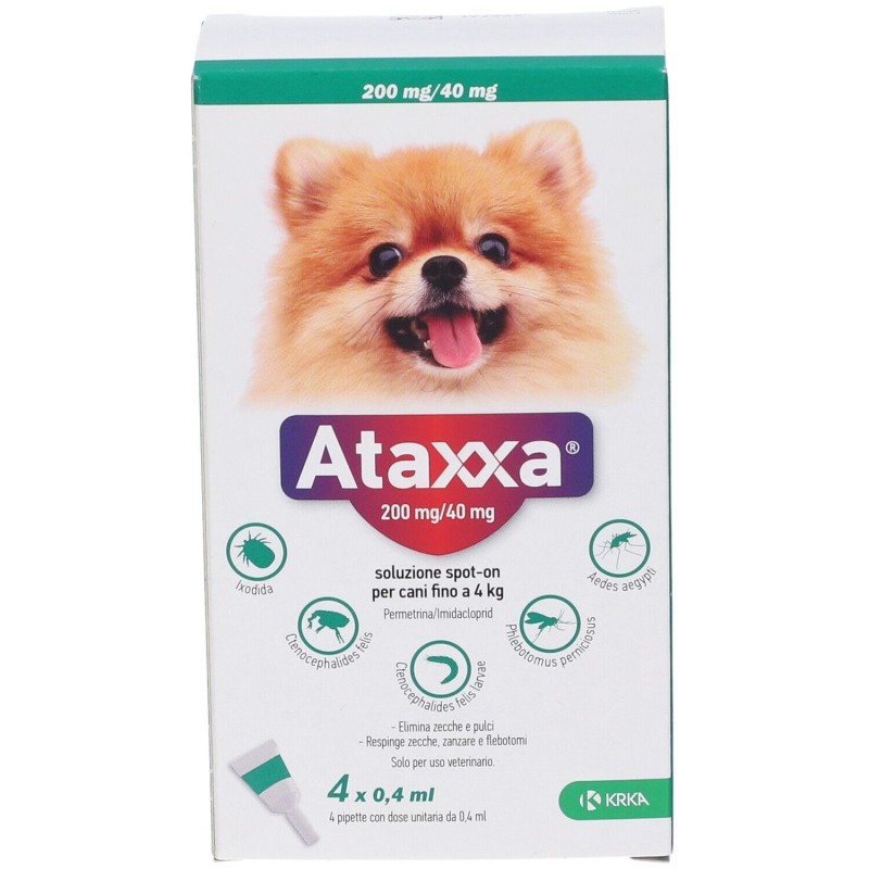 Presentazione grafica di Ataxxa Antiparassitario per Cani fino a 4kg 4 Pipette Spot-On (Equivalente Advantix) Presentazione grafica di Ataxxa Antiparassitario per Cani fino a 4kg 4 Pipette Spot-On (Equivalente Advantix)