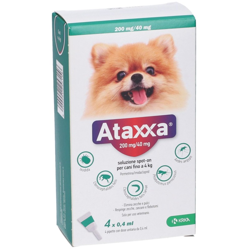 Confezione sigillata di Ataxxa Antiparassitario per Cani fino a 4kg 4 Pipette Spot-On (Equivalente Advantix) Confezione sigillata di Ataxxa Antiparassitario per Cani fino a 4kg 4 Pipette Spot-On (Equivalente Advantix)