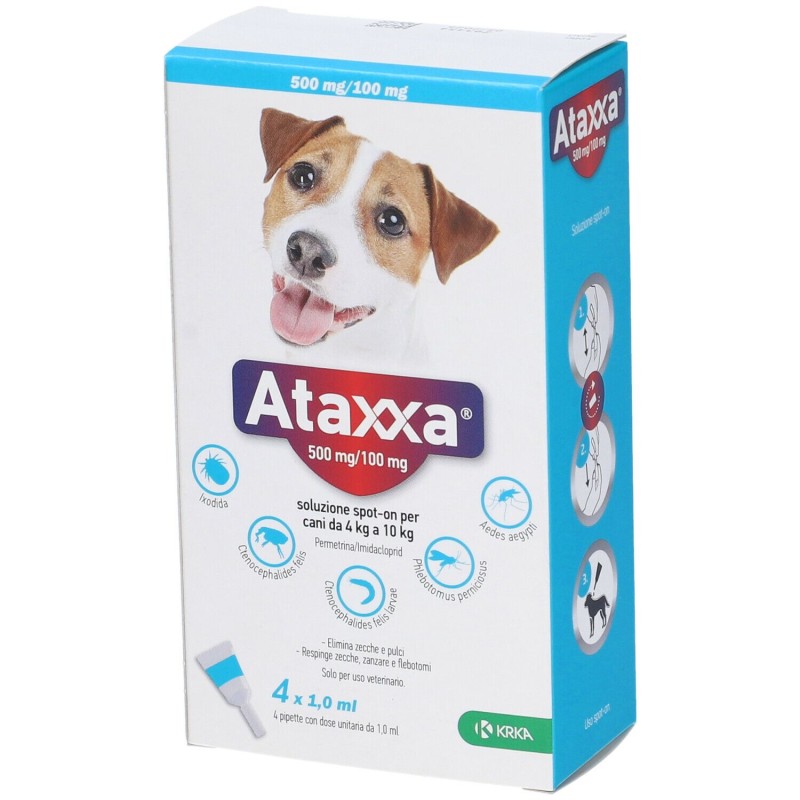 Pack ufficiale del prodotto Ataxxa Antiparassitario per Cani da 4kg a 10kg 4 Pipette Spot-On (Equivalente Advantix) Pack ufficiale del prodotto Ataxxa Antiparassitario per Cani da 4kg a 10kg 4 Pipette Spot-On (Equivalente Advantix)