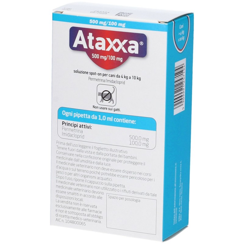 Scatola integra del prodotto Ataxxa Antiparassitario per Cani da 4kg a 10kg 4 Pipette Spot-On (Equivalente Advantix) Scatola integra del prodotto Ataxxa Antiparassitario per Cani da 4kg a 10kg 4 Pipette Spot-On (Equivalente Advantix)