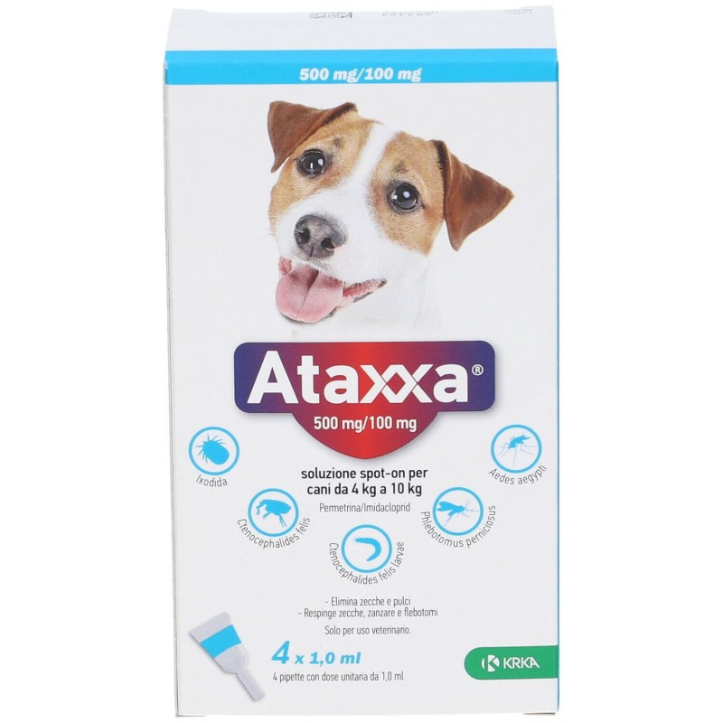 Packaging del prodotto Ataxxa Antiparassitario per Cani da 4kg a 10kg 4 Pipette Spot-On (Equivalente Advantix) Packaging del prodotto Ataxxa Antiparassitario per Cani da 4kg a 10kg 4 Pipette Spot-On (Equivalente Advantix)