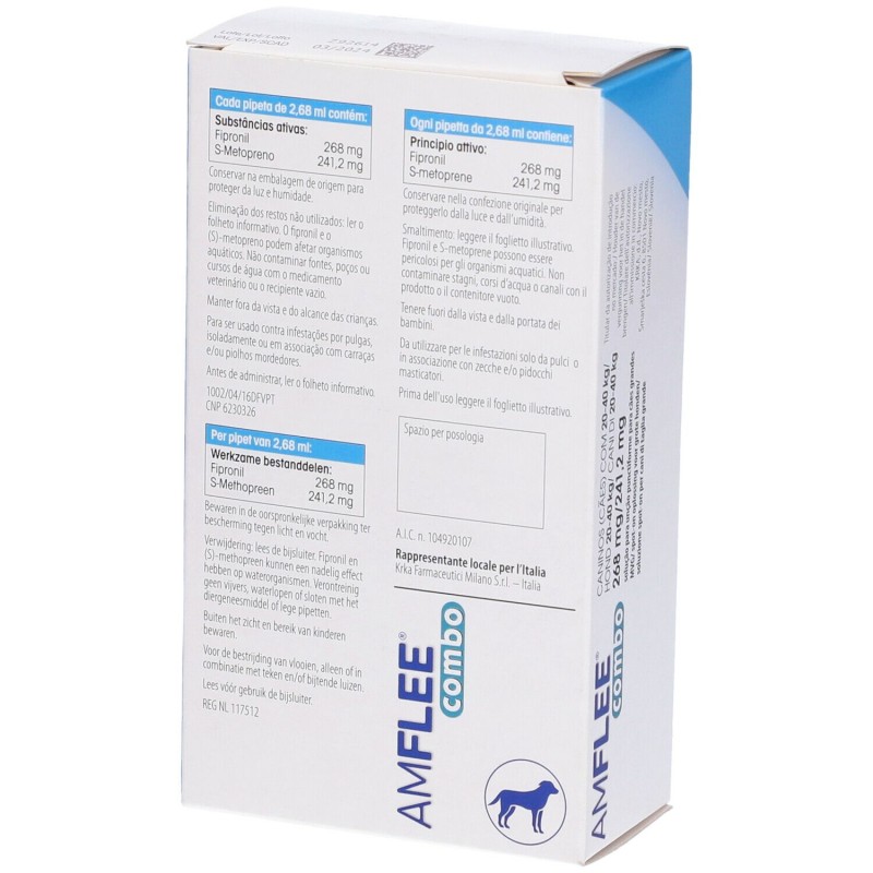 Primo piano di Amflee Combo Antiparassitario Veterinario per Cani 20-40Kg 3 Pipette