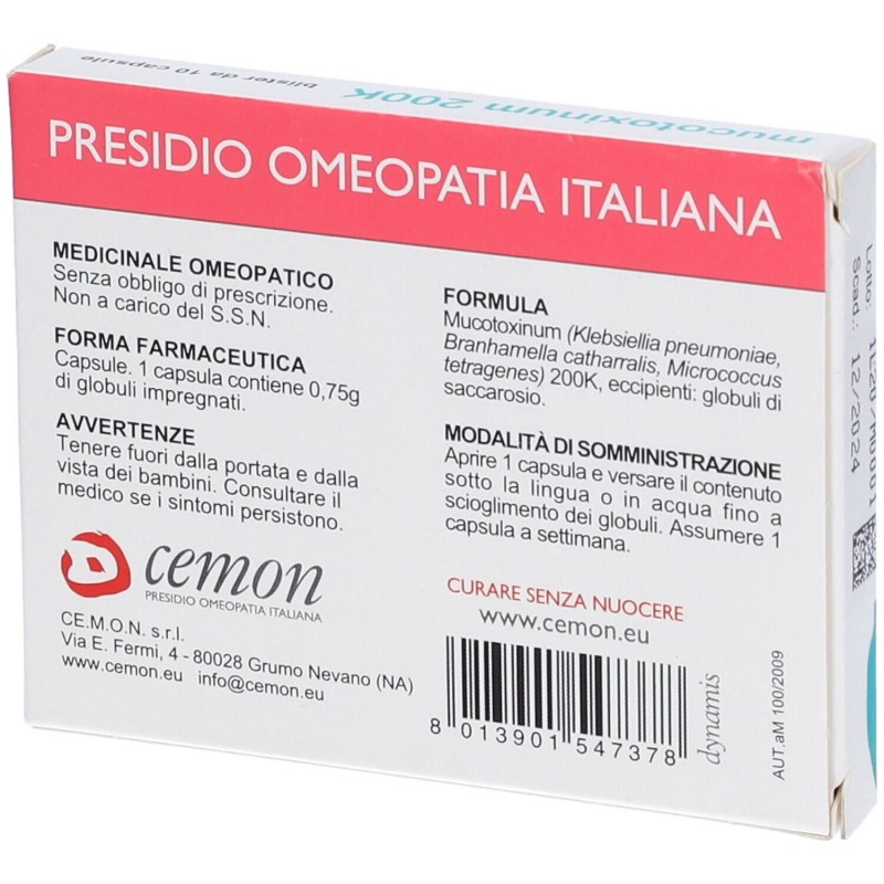 Dettaglio del packaging di Cemon Mucotoxium 200K Rimedio Omeopatico 10 Capsule