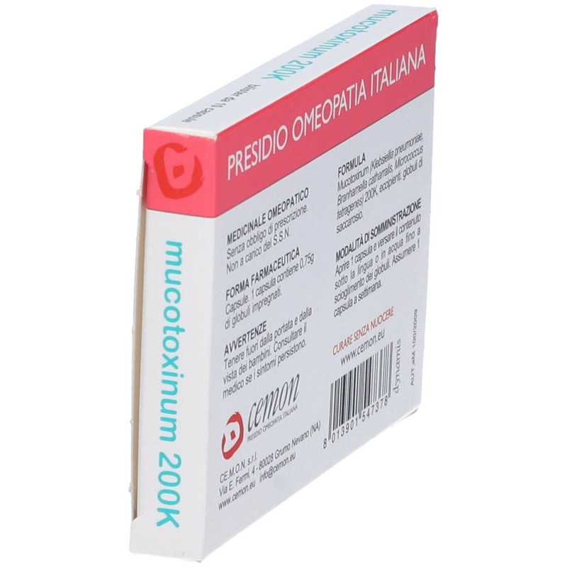 Primo piano di Cemon Mucotoxium 200K Rimedio Omeopatico 10 Capsule