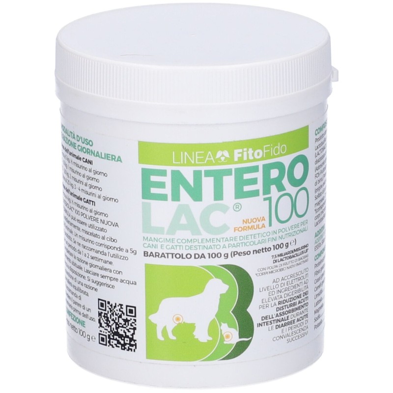 Dettaglio del packaging di Enterolac Mangime Veterinario per la Diarrea di Cani e Gatti 100g Dettaglio del packaging di Enterolac Mangime Veterinario per la Diarrea di Cani e Gatti 100g