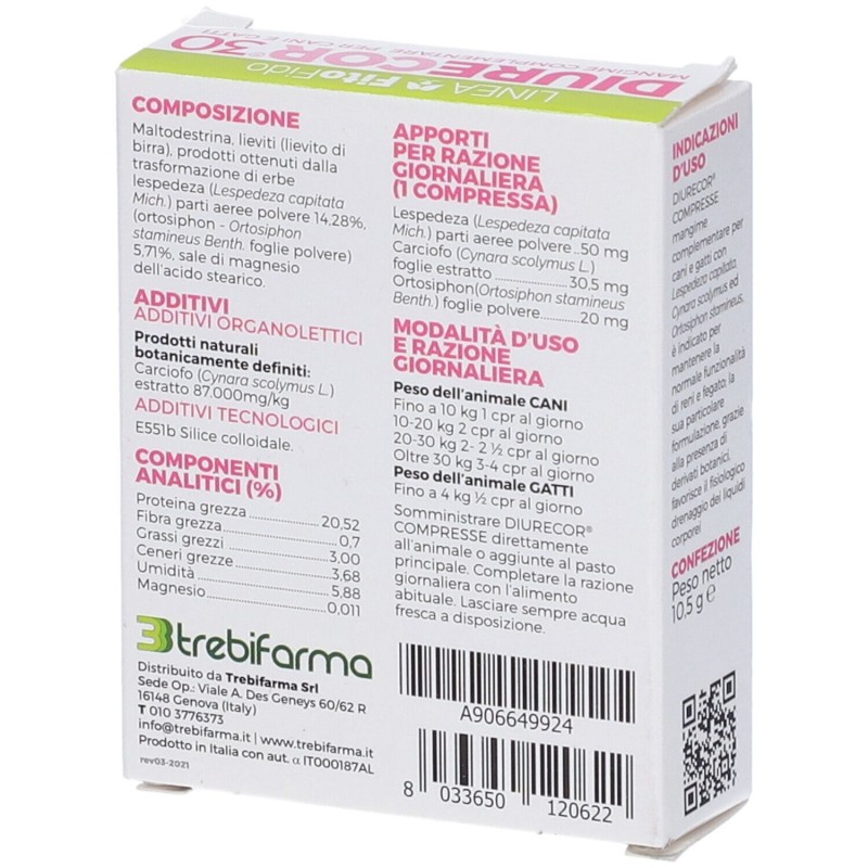 Dettaglio del packaging di Diurecor Veterinario per Drenaggio dei Liquidi di Cani e Gatti 30 Compresse