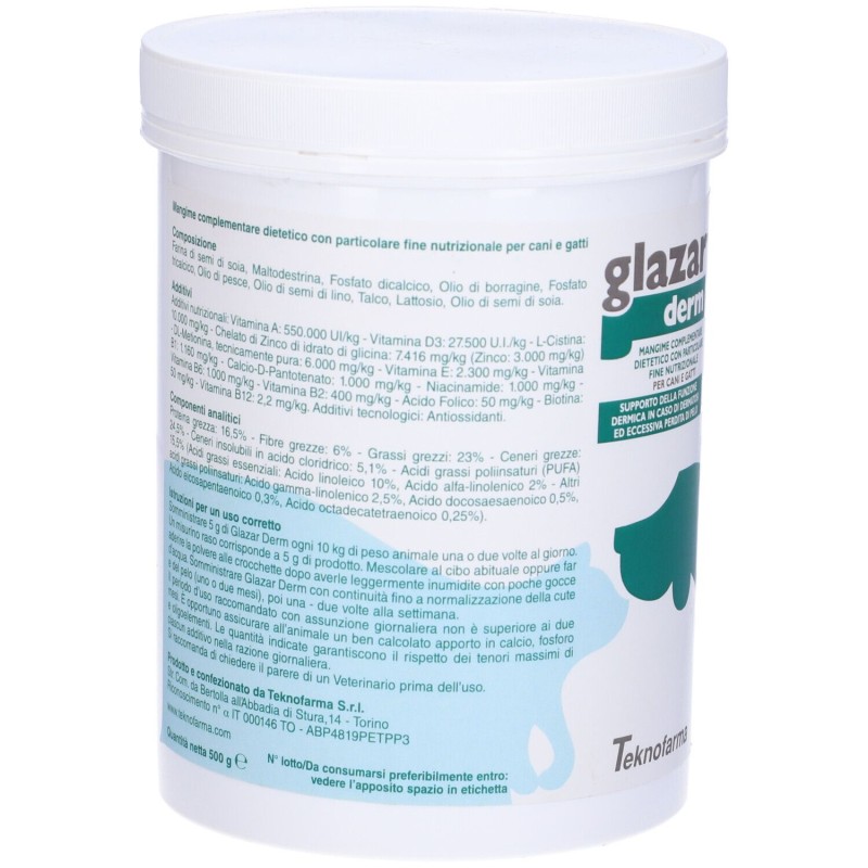 Packaging del prodotto Glazar Derm Integratore Vitaminico Veterinario per Cani e Gatti 500g