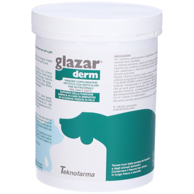 Scatola originale del prodotto Glazar Derm Integratore Vitaminico Veterinario per Cani e Gatti 500g