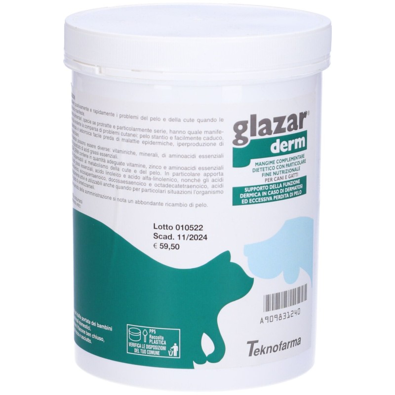 Packaging integro del prodotto Glazar Derm Integratore Vitaminico Veterinario per Cani e Gatti 500g