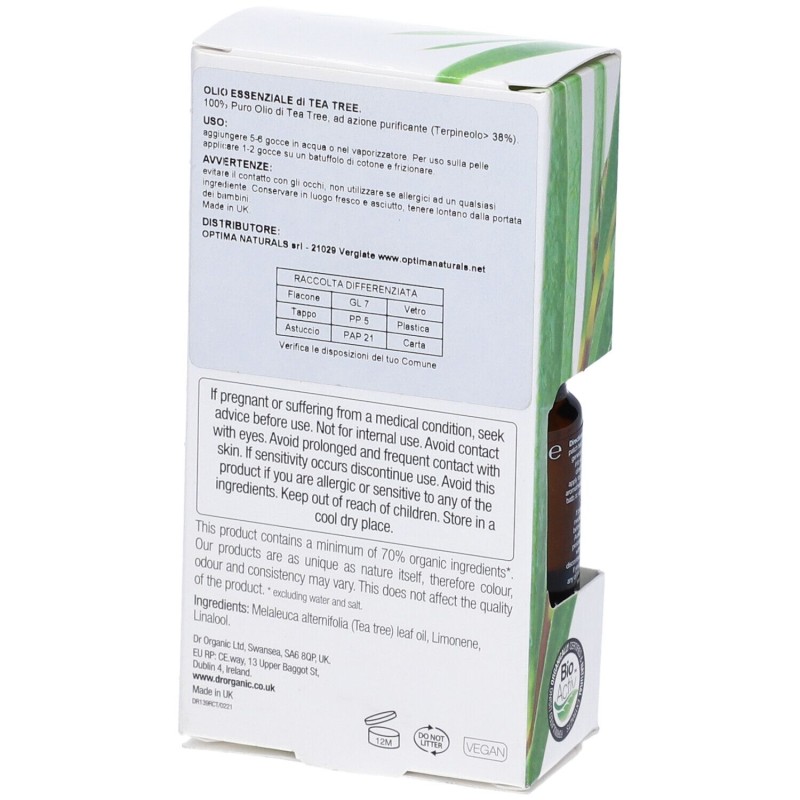 Dettaglio del packaging di DR ORGANIC TEA TREE ESSENTIAL OIL OLIO ESSENZIALE 10 ML Dettaglio del packaging di DR ORGANIC TEA TREE ESSENTIAL OIL OLIO ESSENZIALE 10 ML