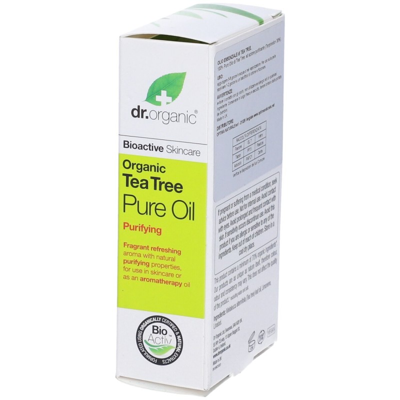Primo piano di DR ORGANIC TEA TREE ESSENTIAL OIL OLIO ESSENZIALE 10 ML Primo piano di DR ORGANIC TEA TREE ESSENTIAL OIL OLIO ESSENZIALE 10 ML