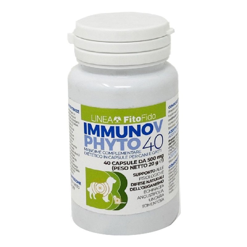 Packaging del prodotto Immunov Phyto 40 Integratore Veterinario per Difese Immunitarie di Cani e Gatti 40 Capsule Packaging del prodotto Immunov Phyto 40 Integratore Veterinario per Difese Immunitarie di Cani e Gatti 40 Capsule