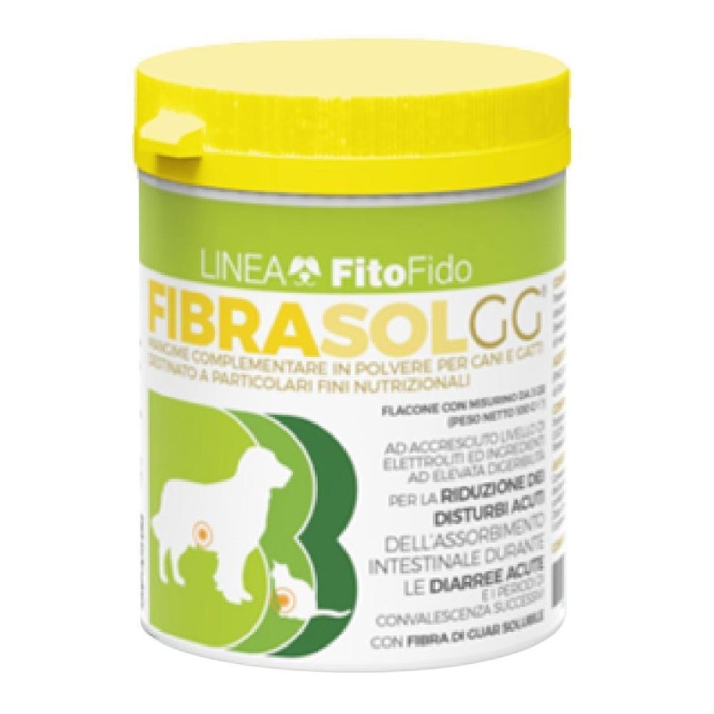 Dettaglio del packaging di Fibrasol GG Mangime Veterinario per Diarrea Acuta di Cani e Gatti 100g