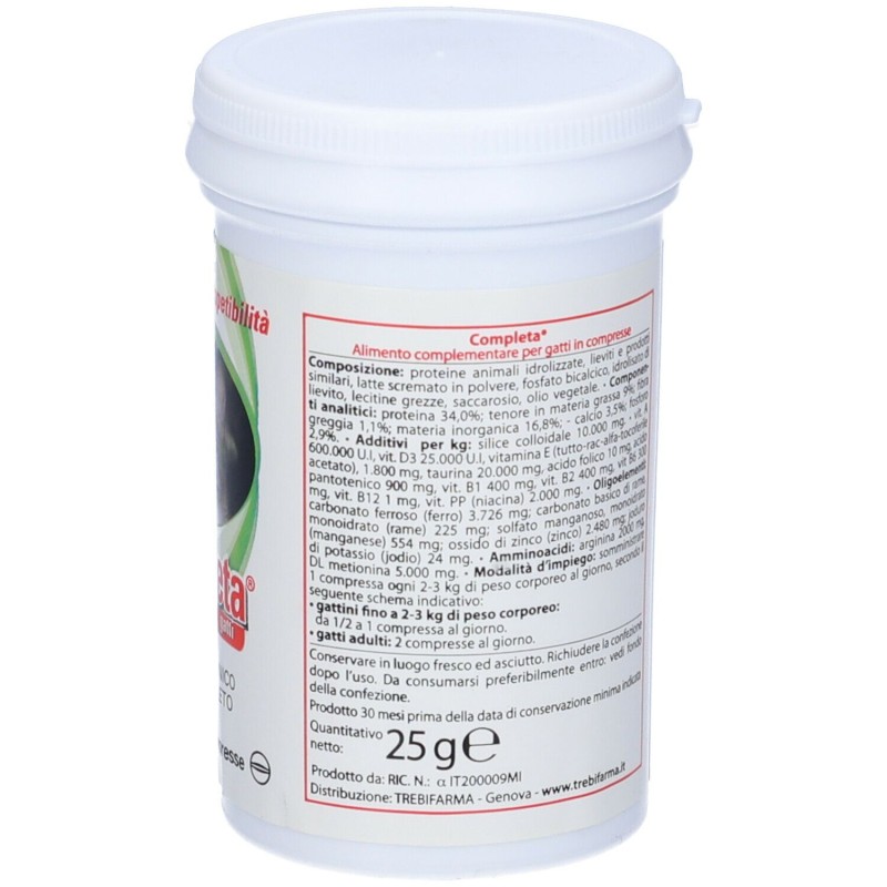 Primo piano di Completa Gatti per Benessere Generale 50 Compresse Barattolo 25 G Primo piano di Completa Gatti per Benessere Generale 50 Compresse Barattolo 25 G