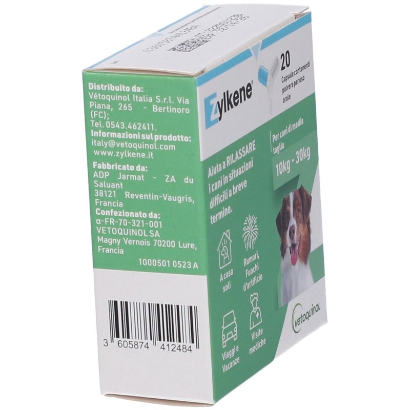 Scatola originale del prodotto Zylkene Cani 225mg Integratore per Stress dei Cani 20 Capsule