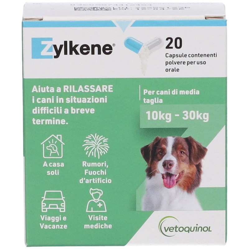 Confezione commerciale diZylkene Cani 225mg Integratore per Stress dei Cani 20 Capsule