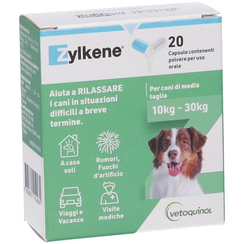 Foto illustrativa del packaging di Zylkene Cani 225mg Integratore per Stress dei Cani 20 Capsule
