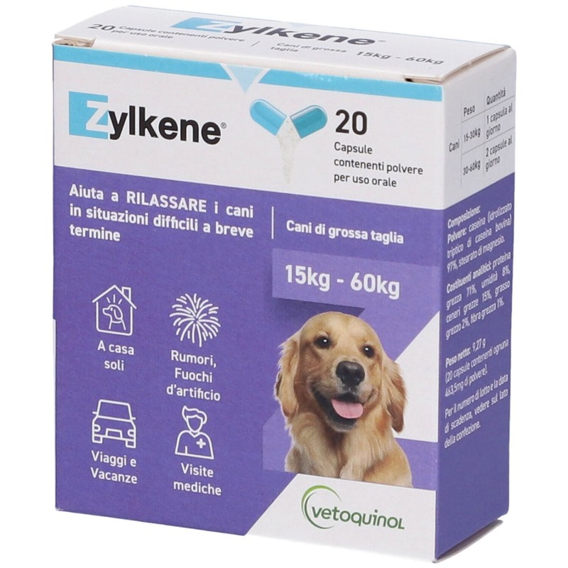 Dettaglio del packaging di Zylkene Cani 450mg Integratore per il Benessere per Cani Oltre 15kg 20 Capsule