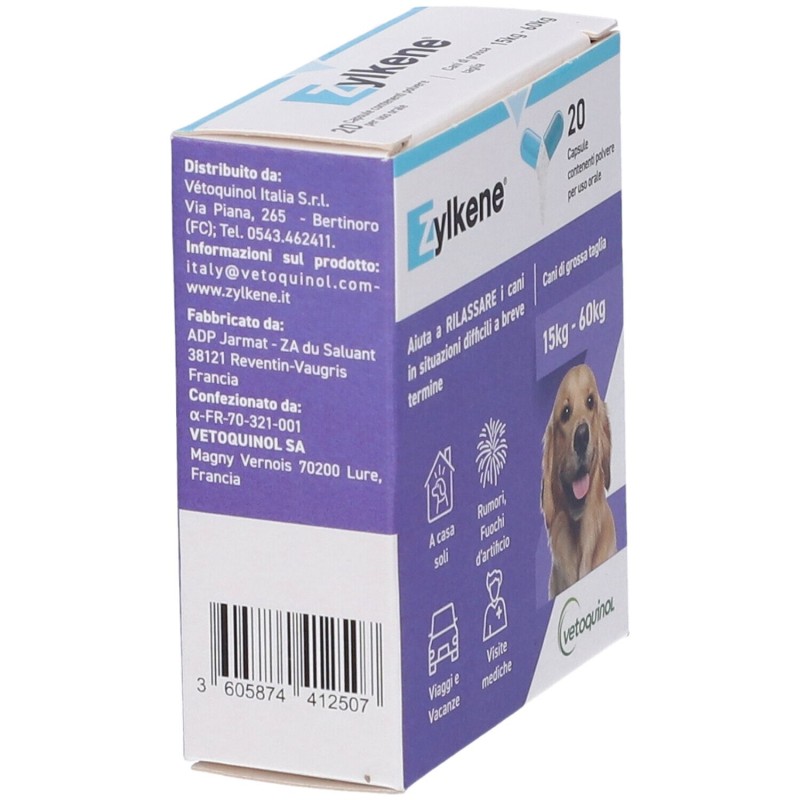 Primo piano di Zylkene Cani 450mg Integratore per il Benessere per Cani Oltre 15kg 20 Capsule