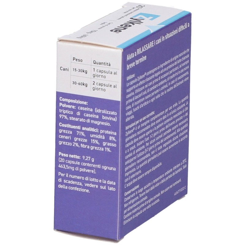 Presentazione grafica di Zylkene Cani 450mg Integratore per il Benessere per Cani Oltre 15kg 20 Capsule