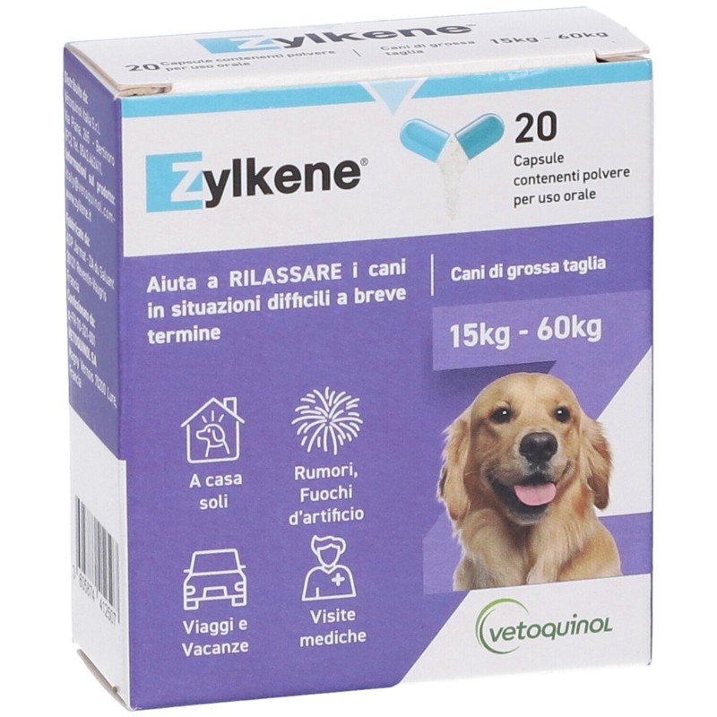 Pack ufficiale del prodotto Zylkene Cani 450mg Integratore per il Benessere per Cani Oltre 15kg 20 Capsule