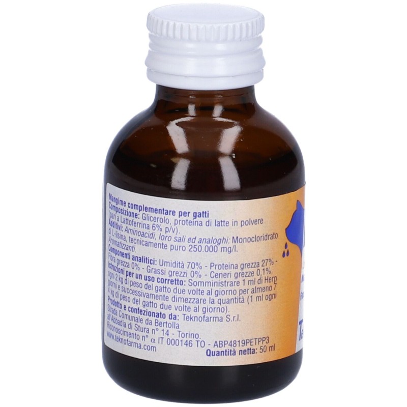 Primo piano di Herp Integratore Veterinario per Infezioni del Gatto 50ml Primo piano di Herp Integratore Veterinario per Infezioni del Gatto 50ml
