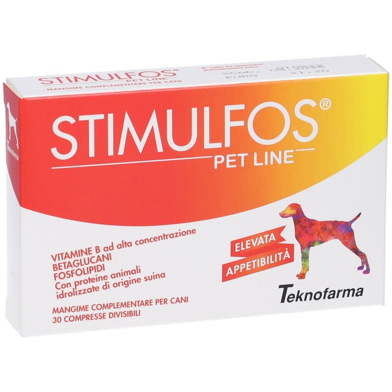 Scatola integra del prodotto Stimulfos Pet Line Cane Integratore Vitaminico per Cani 30 Compresse