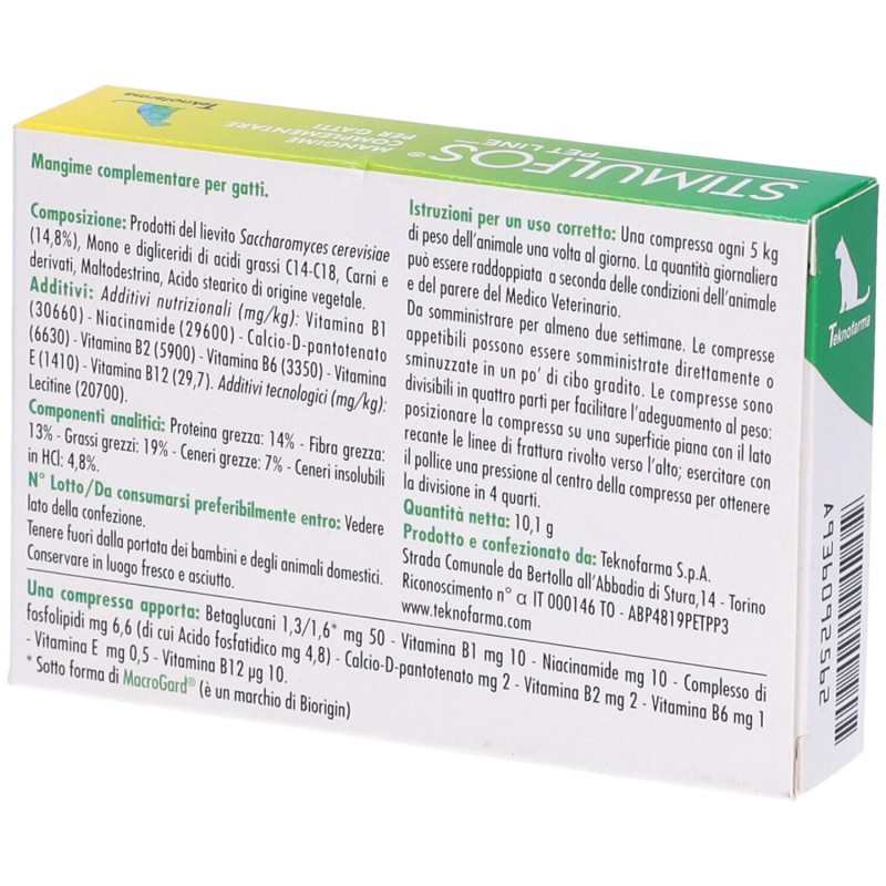 Dettaglio del packaging di Stimulfos Pet Line Gatto Integratore Vitaminico per Gatti 30 Compresse Dettaglio del packaging di Stimulfos Pet Line Gatto Integratore Vitaminico per Gatti 30 Compresse