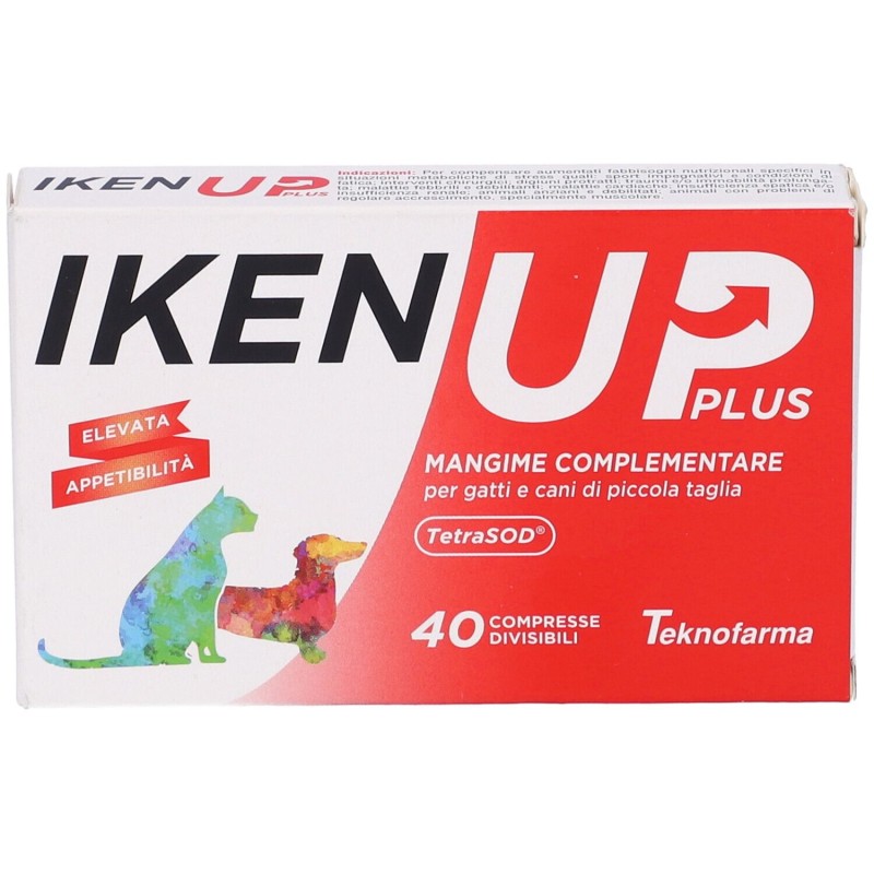 Foto illustrativa del packaging di Iken Up Plus Integratore Energetico Veterinario per Cani e Gatti Taglia Piccola 40 Compresse