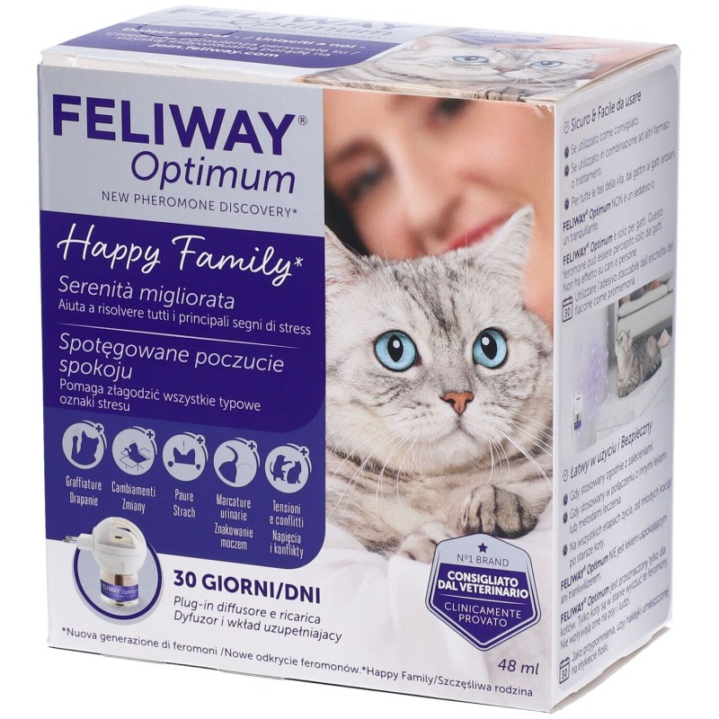 Scatola originale del prodotto Feliway Optimum Diffusore + Rricarica per Gatti Da 48ml