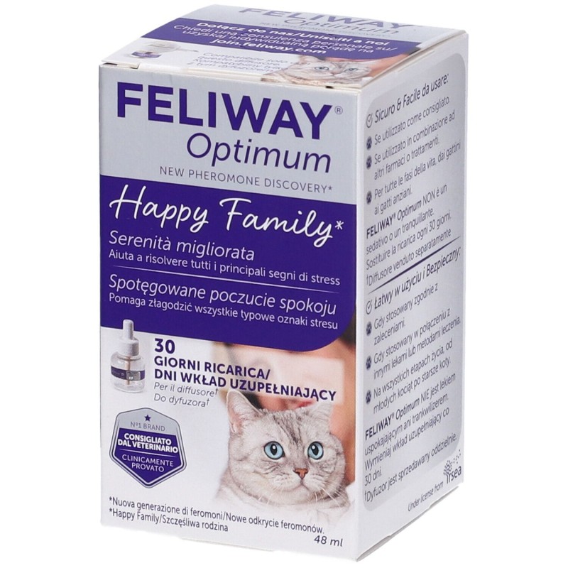 Primo piano di Feliway Optimum Soluzione Antistress per il tuo Gatto Ricarica 48ml