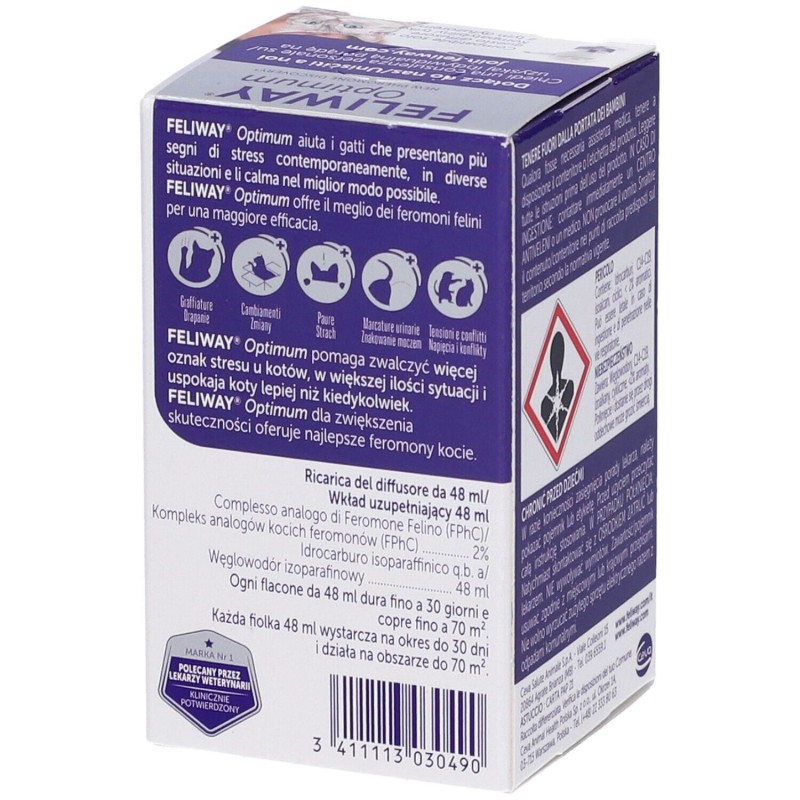Presentazione grafica di Feliway Optimum Soluzione Antistress per il tuo Gatto Ricarica 48ml