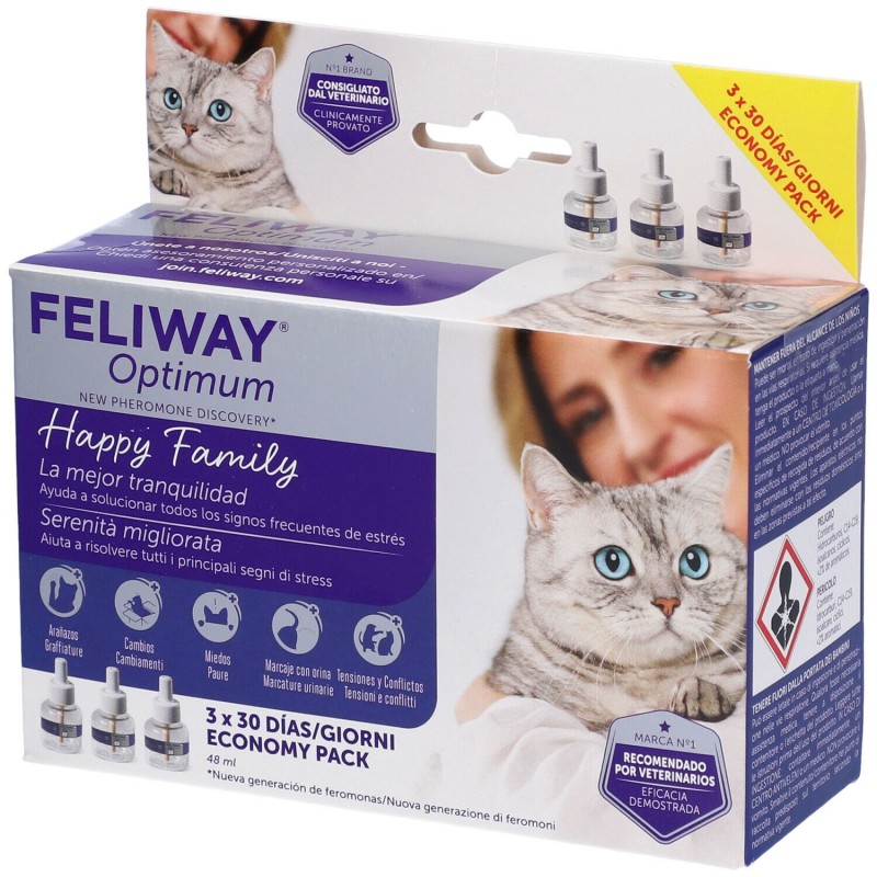 Foto illustrativa del packaging di Feliway Optimum Ricariche di Feromoni per Gatti 3x48ml