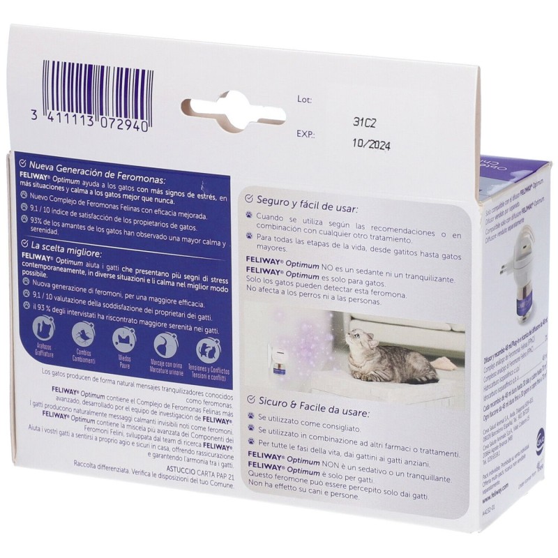 Dettaglio del packaging di Feliway Optimum Ricariche di Feromoni per Gatti 3x48ml