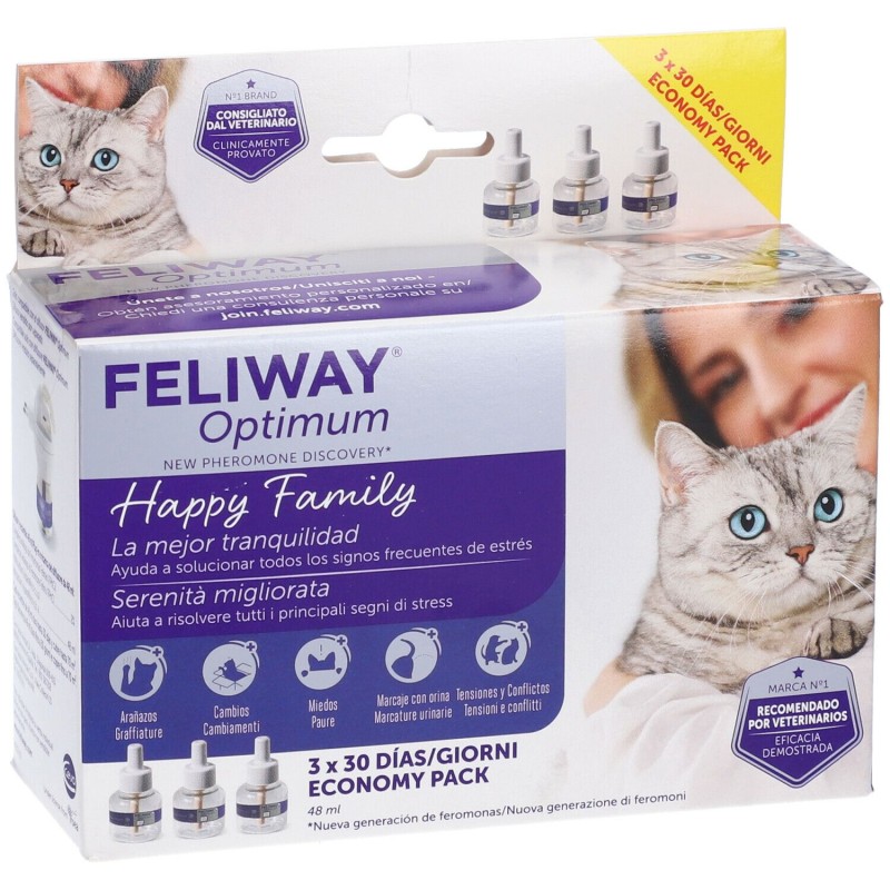 Presentazione grafica di Feliway Optimum Ricariche di Feromoni per Gatti 3x48ml