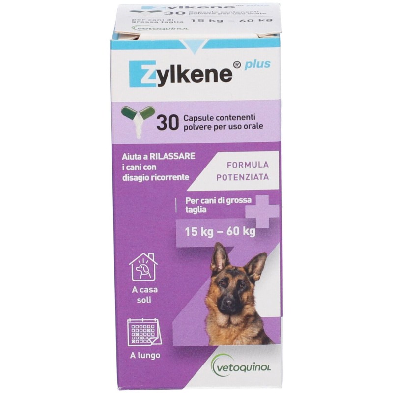 Packaging del prodotto Zylkene Plus Integratore per Rilassamento Cani da 15-60 Kg 30 Capsule