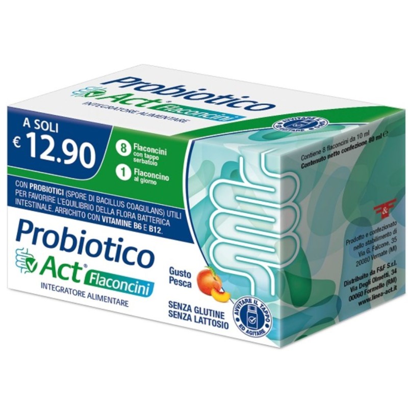 confezione Probiotico Act Fermenti Lattici e Vitamine per Intestino Gusto Pesca 8 Flaconcini confezione Probiotico Act Fermenti Lattici e Vitamine per Intestino Gusto Pesca 8 Flaconcini