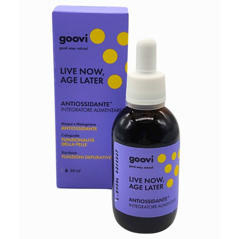Flacone e confezione di Goovi Integratore Antiossidante Live Now Age Later 50ml Flacone e confezione di Goovi Integratore Antiossidante Live Now Age Later 50ml