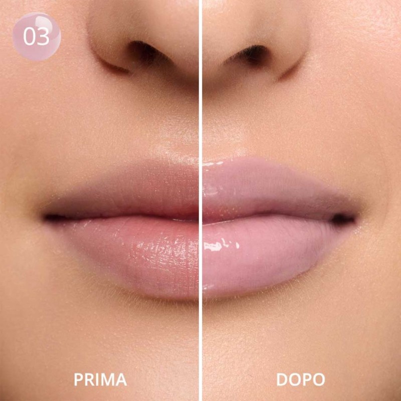 effetto prima e dopo Goovi Tinted Lip Treatment Tinta Labbra Lucida Effetto Rimpolpante Colore 03 Petal Kiss 10ml